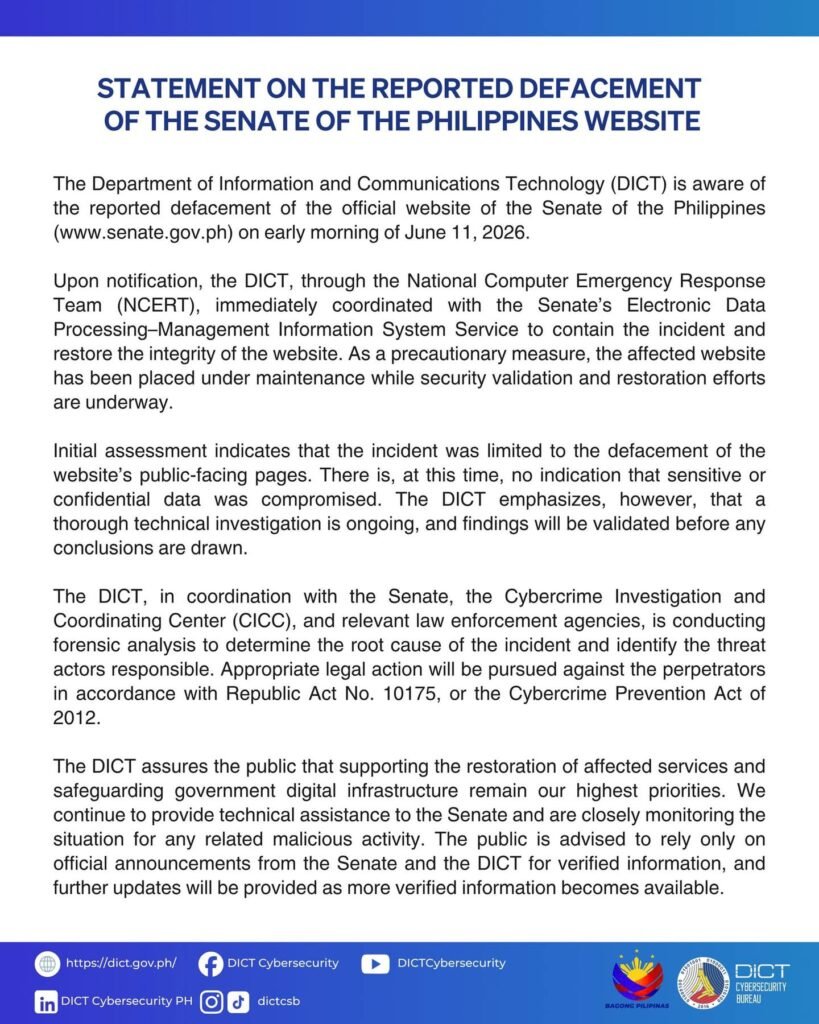 DICT, Senate say no sensitive data compromised in website defacement incident