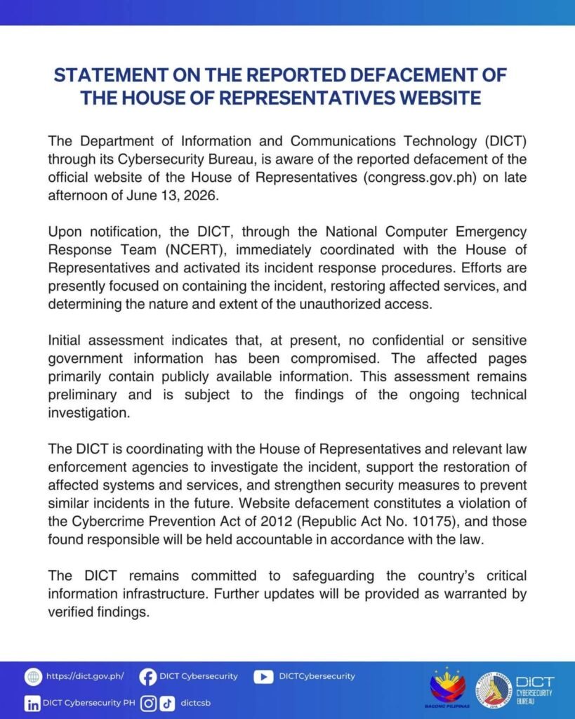 DICT probes reported defacement of House website, says assessment still preliminary
