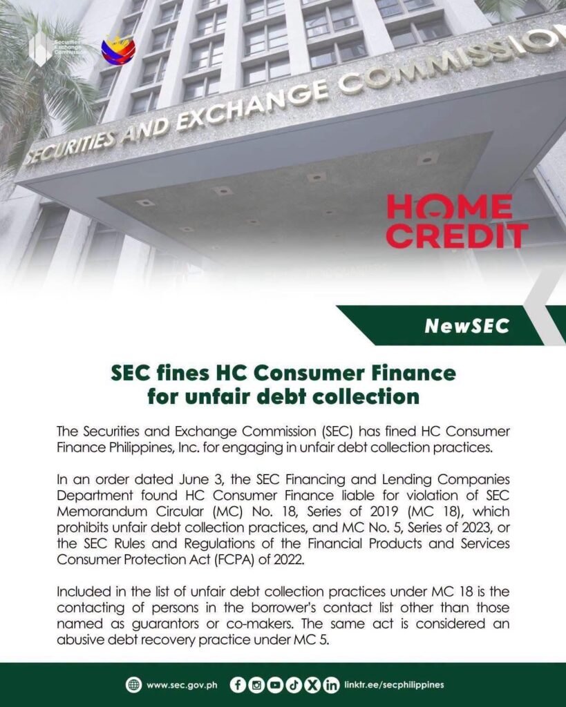 SEC slaps Home Credit Philippines with fine over unfair debt collection practices