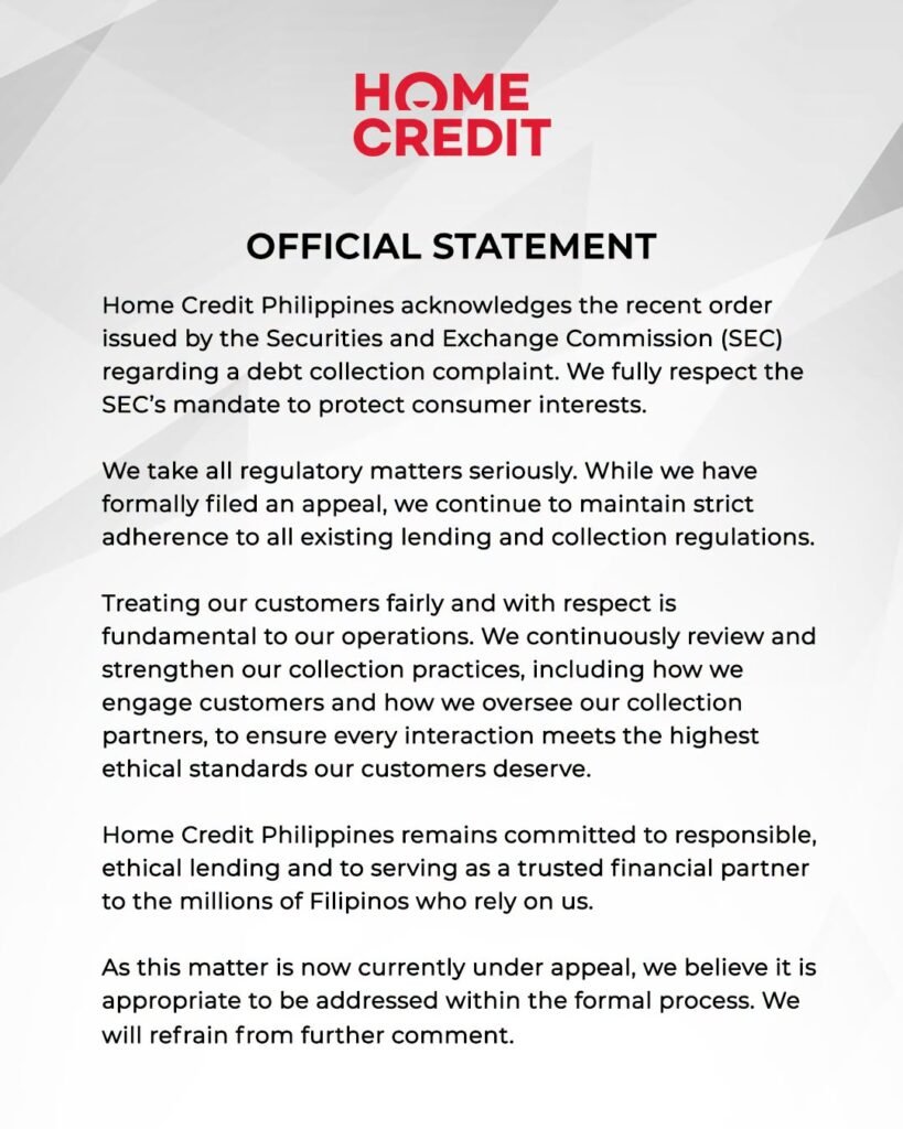 Home Credit says it respects SEC but files appeal over debt collection order