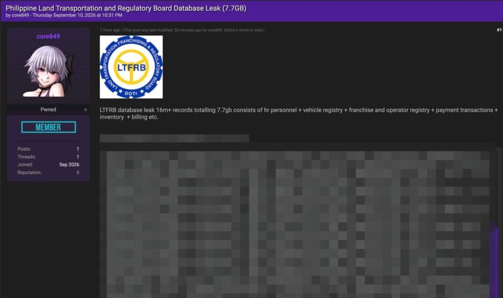 LTFRB allegedly hit by data breach, affecting 16 million records — Deep Web Konek