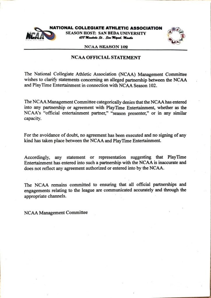 NCAA denies PlayTime partnership for Season 102