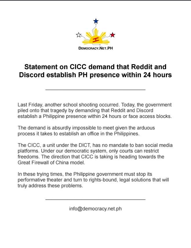 Democracy.Net.PH questions CICC ultimatum on Reddit, Discord