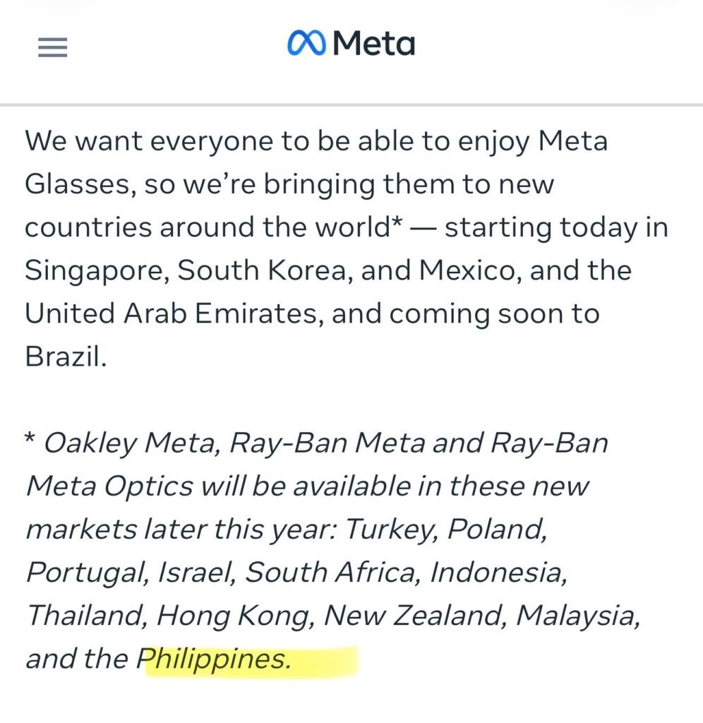 Meta finally confirms PH launch of AI glasses in Connect 2026 footnote