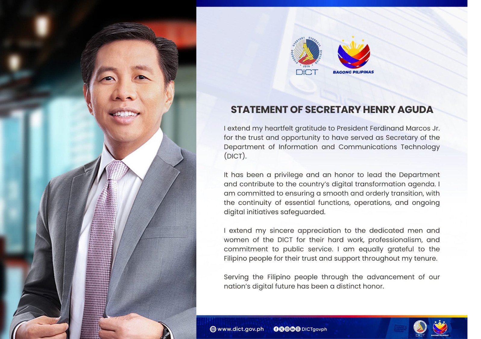 Aguda expresses gratitude for opportunity to serve, vows smooth DICT transition