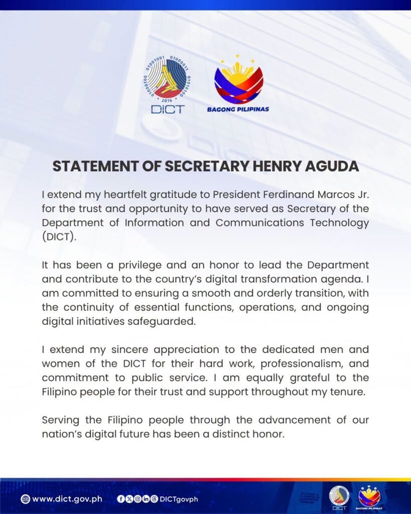 Aguda expresses gratitude for opportunity to serve, vows smooth DICT transition