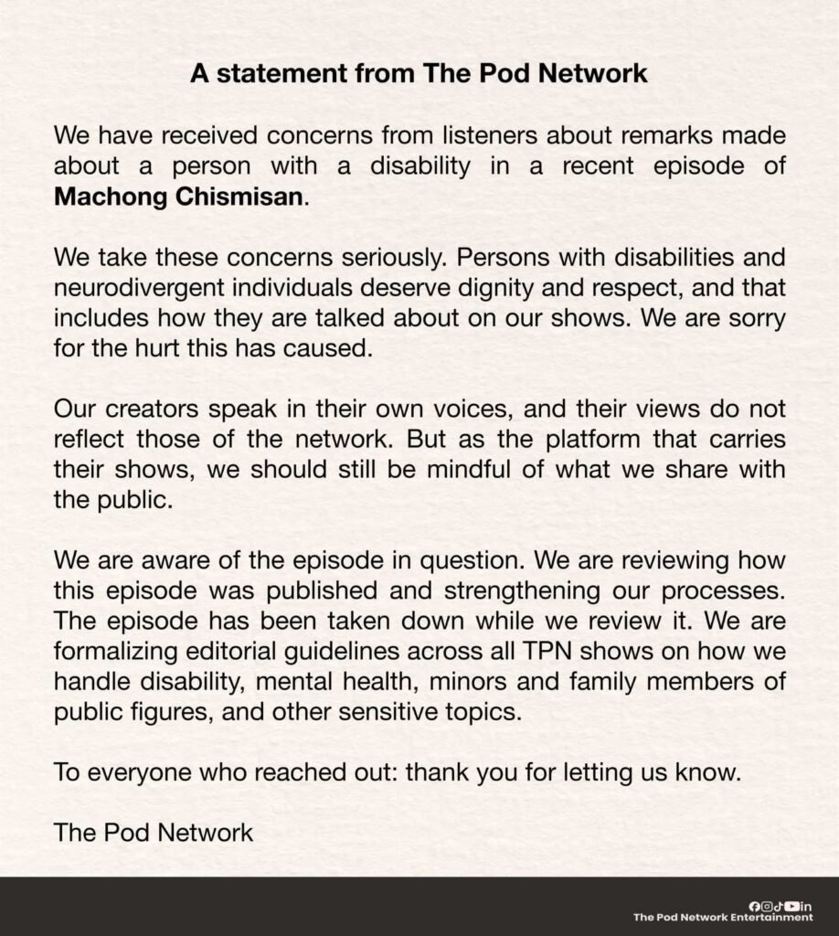 The Pod Network terminates ‘Machong Chismisan’ contract over disability-related remarks