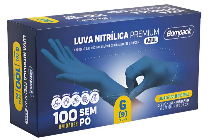 LUVA NITRILICA BOMPACK PREMIUM S/PO AZUL G C/100