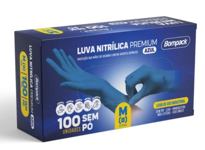 LUVA NITRILICA BOMPACK PREMIUM S/PO AZUL M C/100