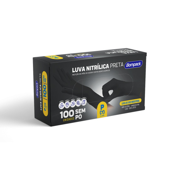 LUVA NITRILICA BOMPACK PRETA P(7) C/100