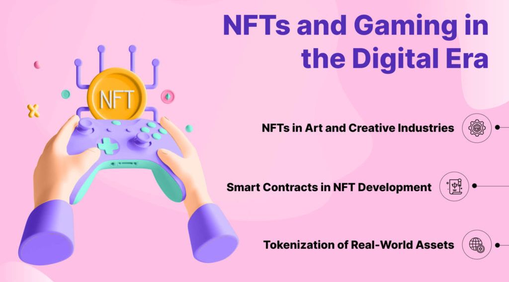 Digital drawing of a controller with a large NFT coin, illustrating blockchain gaming