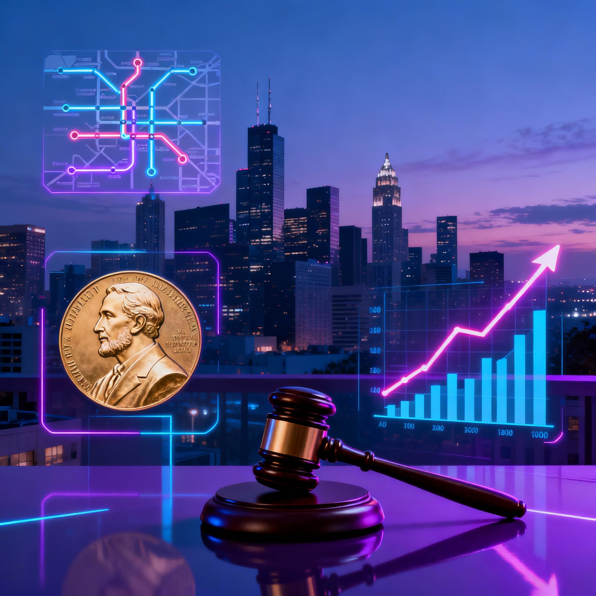 A dynamic collage of news icons including a metro line map, a gavel, a Nobel medal, and a stock chart against a modern city skyline.