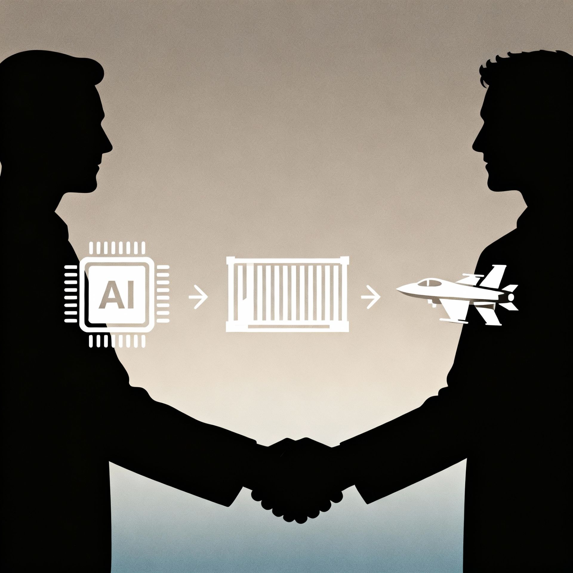 A minimalist handshake between two silhouetted figures overlaid with trade icons—AI chip, shipping container, and defense aircraft—on a neutral gradient