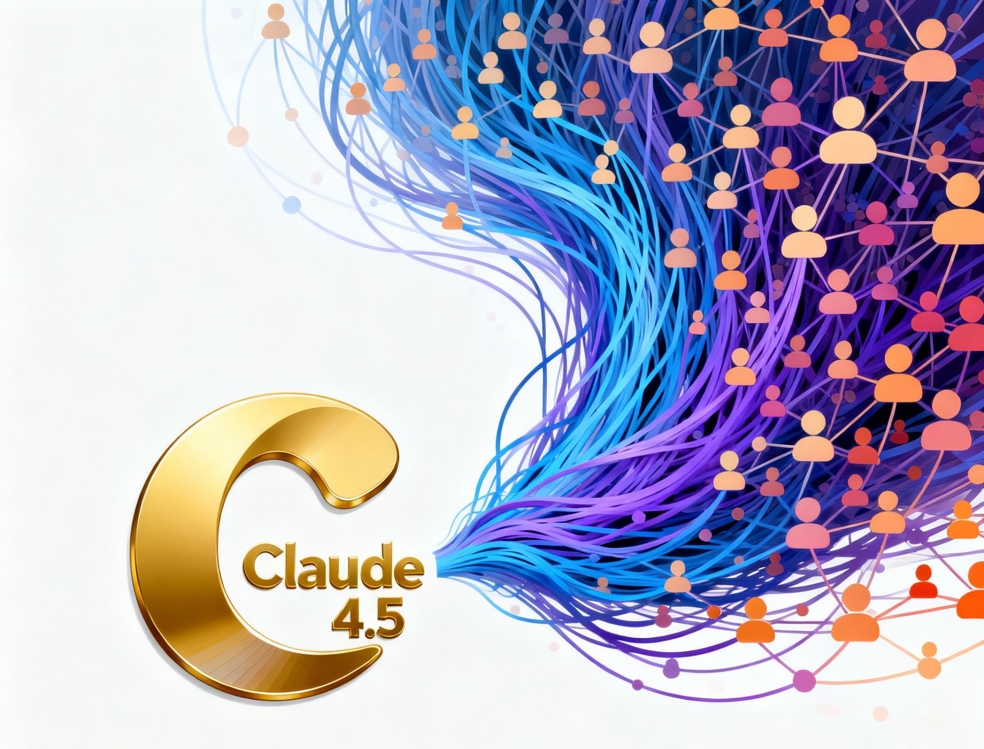Abstract illustration of a complex AI data stream flowing from a golden Claude 4.5 logo towards a dense cluster of connected users, symbolizing widespread adoption.
