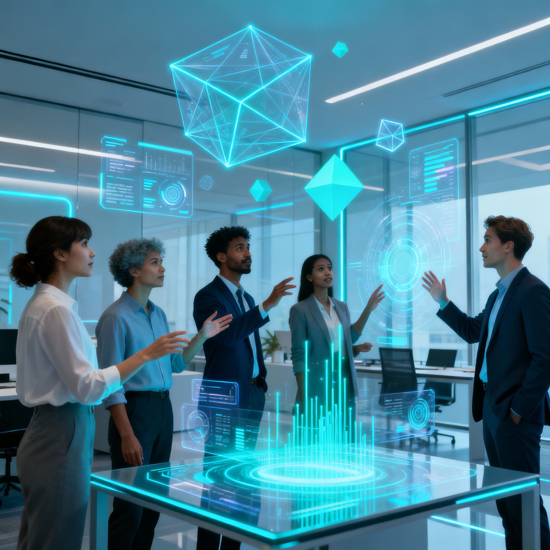 Futuristic scene of diverse business users interacting with abstract holographic AI dashboards, representing the next wave of generative AI in everyday life.