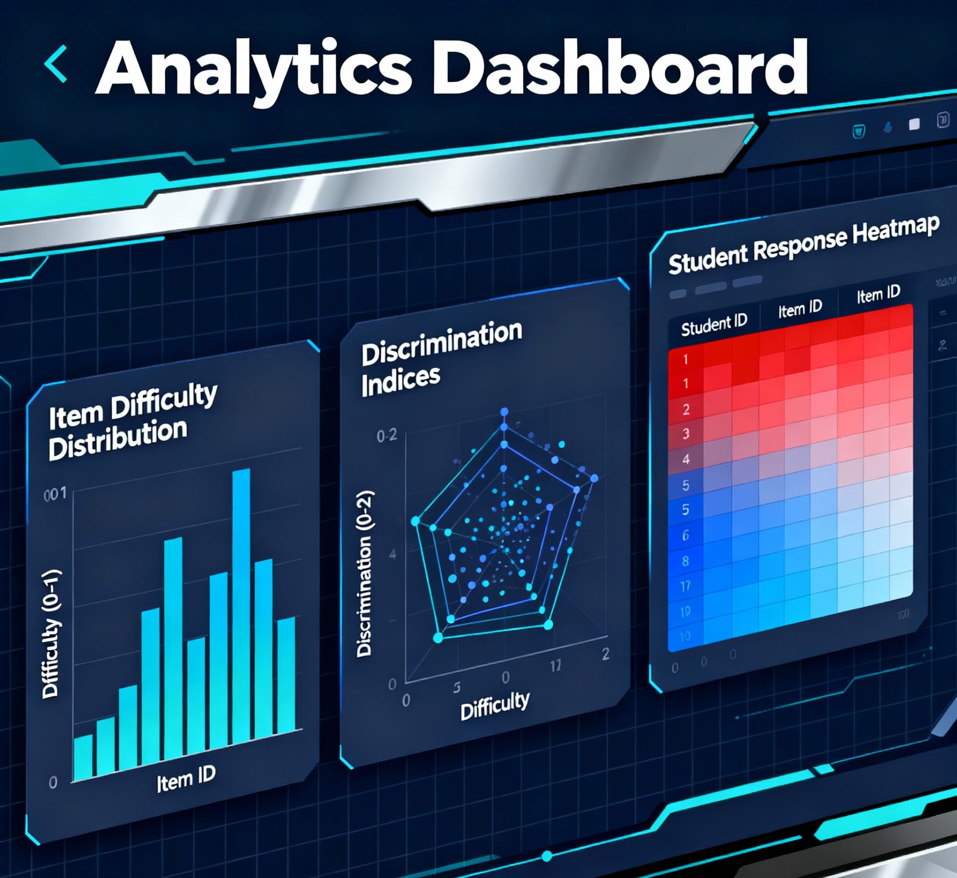 A stylized dashboard showing item difficulty distribution, discrimination indices, and heatmaps of student responses for post-exam analysis