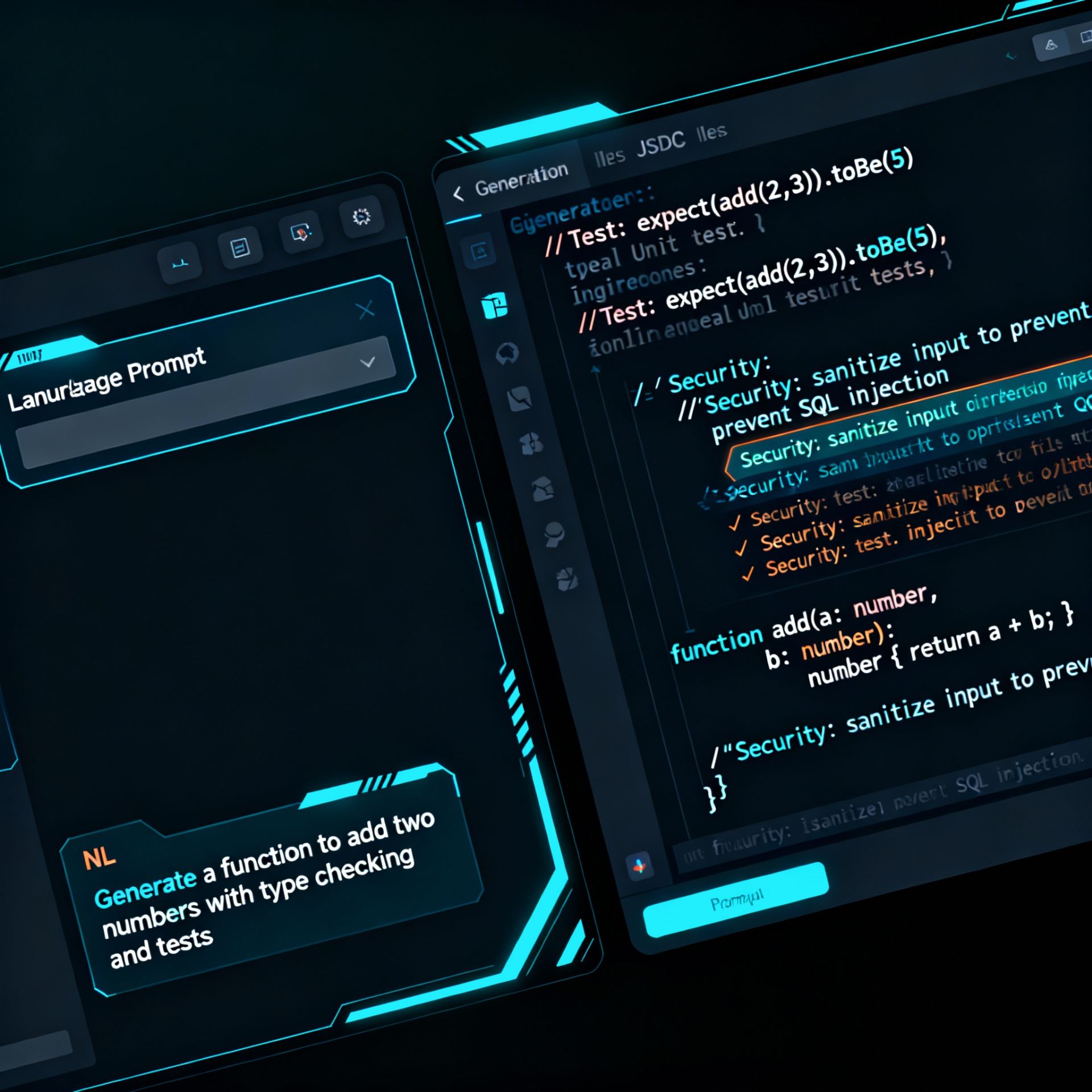 A futuristic IDE mock-up showing natural language prompts generating typed, documented functions, with inline tests and security checks highlighted.