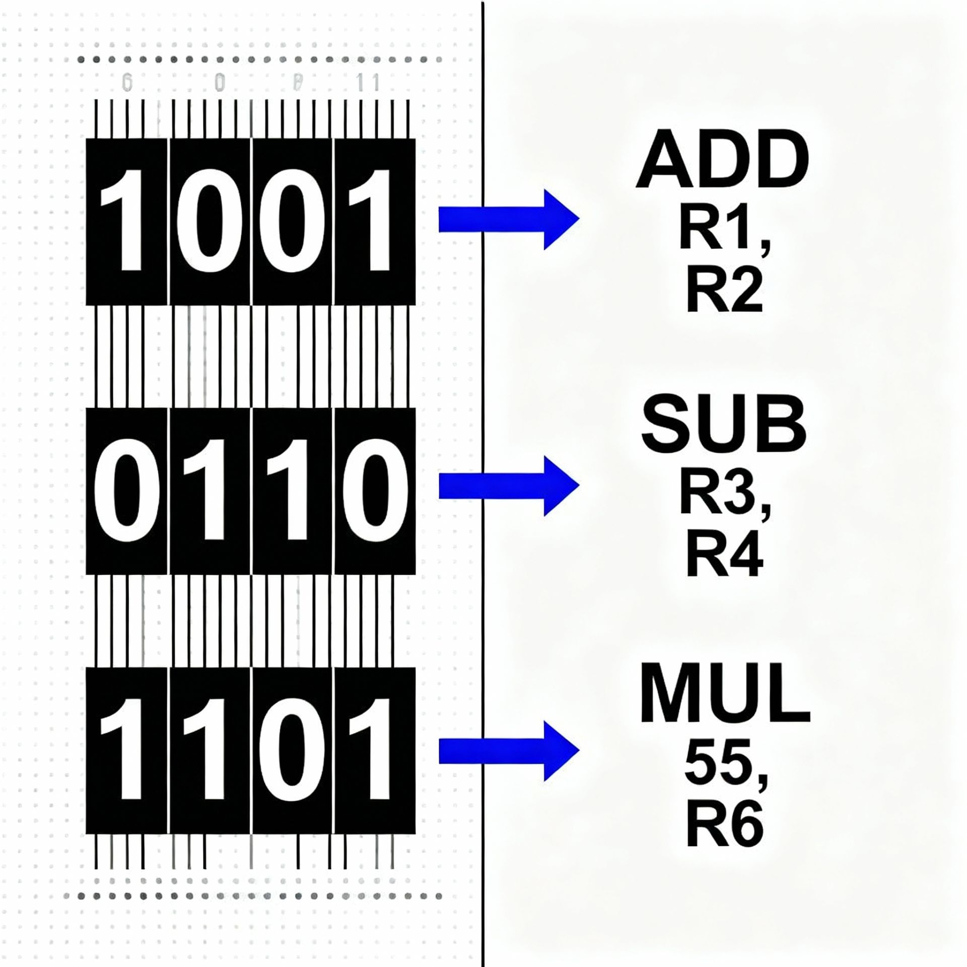 A side-by-side visual: left panel shows a punched card and numeric opcodes; right panel shows assembly mnemonics and labels, with arrows indicating translation.