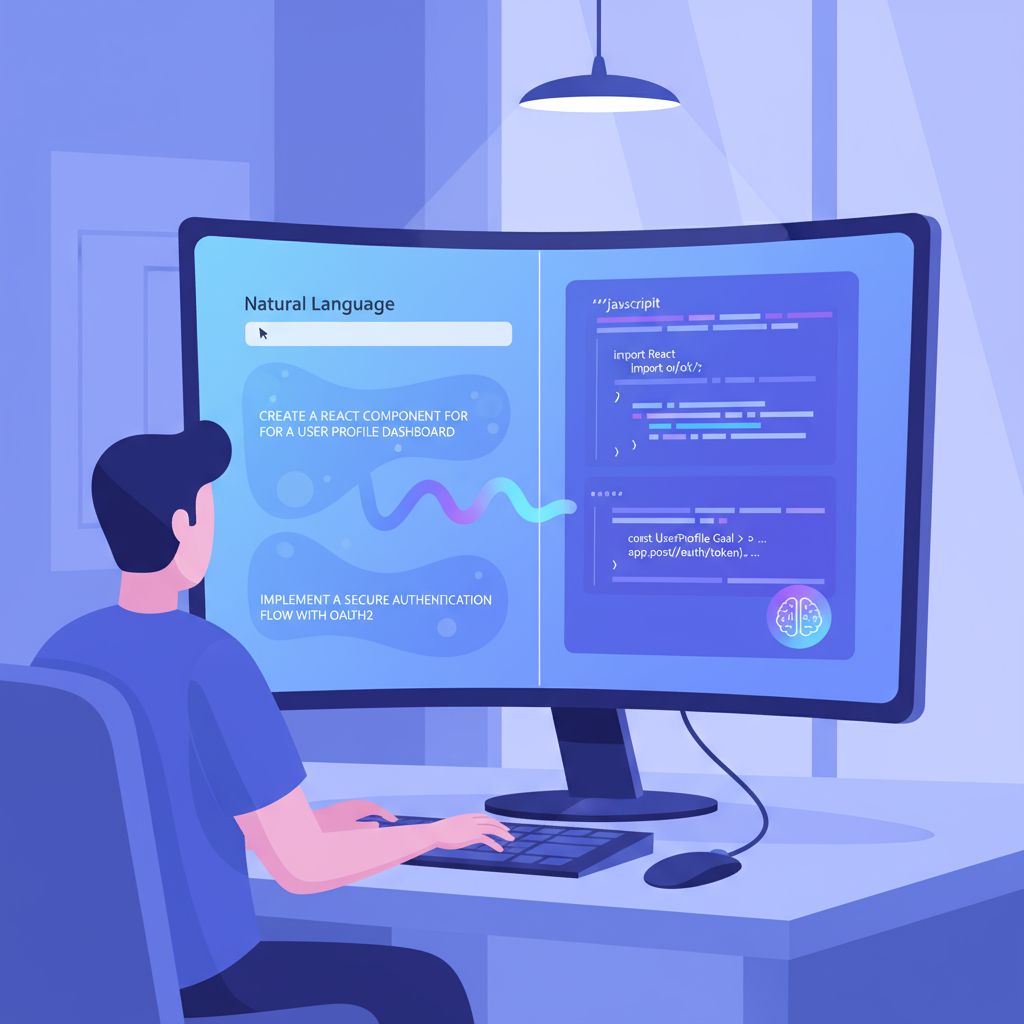 A modern illustration showing the vibe coding workflow where natural language transforms into functional code