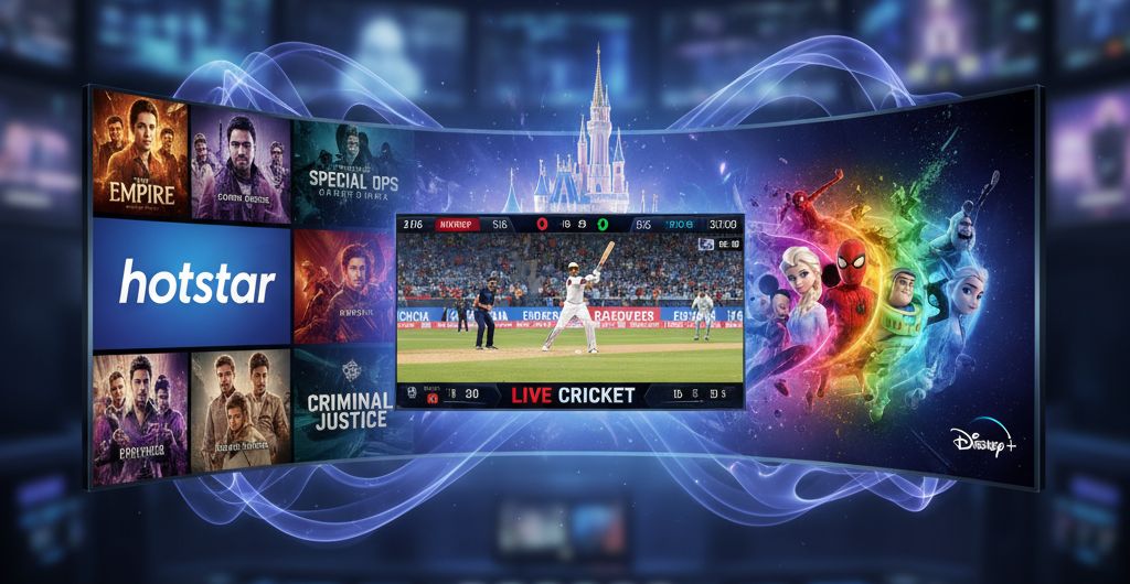 A collage showing popular Hotstar originals, live cricket streaming, and Disney characters transitioning on screen