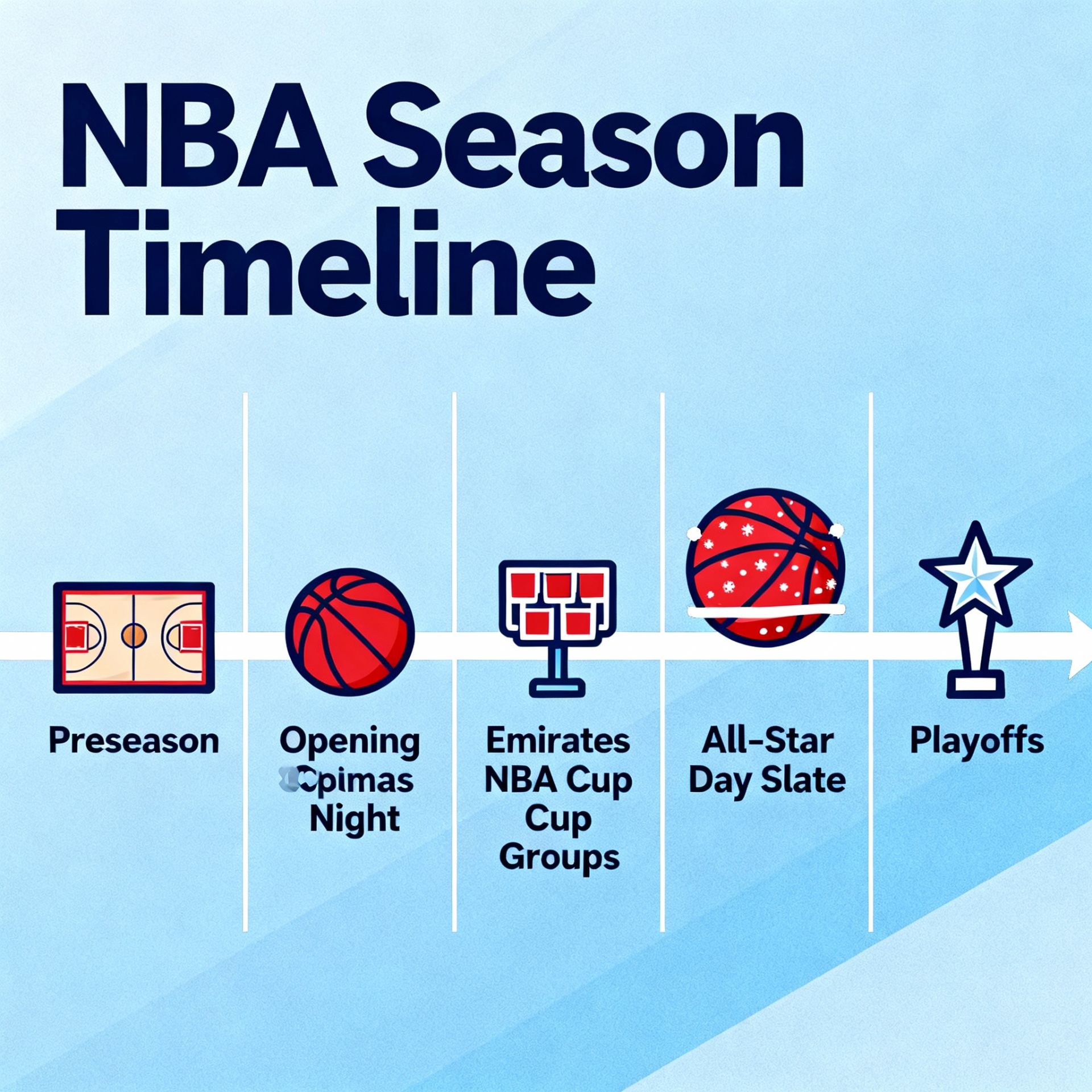 A modern infographic timeline marking key NBA dates: preseason, opening night, Emirates NBA Cup group stage, Christmas Day slate, All-Star, and playoffs.