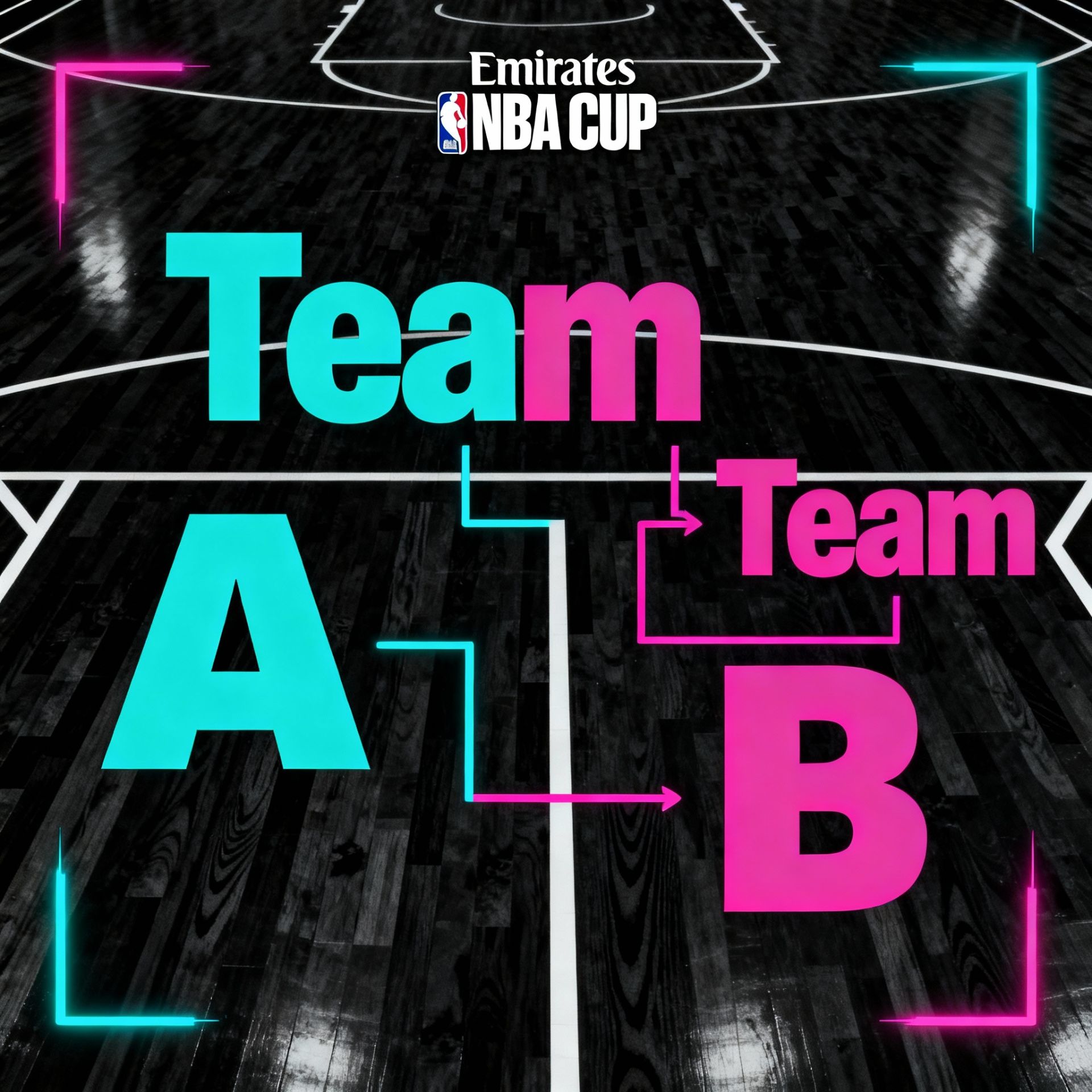 A stylized bracket graphic for the Emirates NBA Cup with bold team placeholders and electric neon accents on a dark court texture.