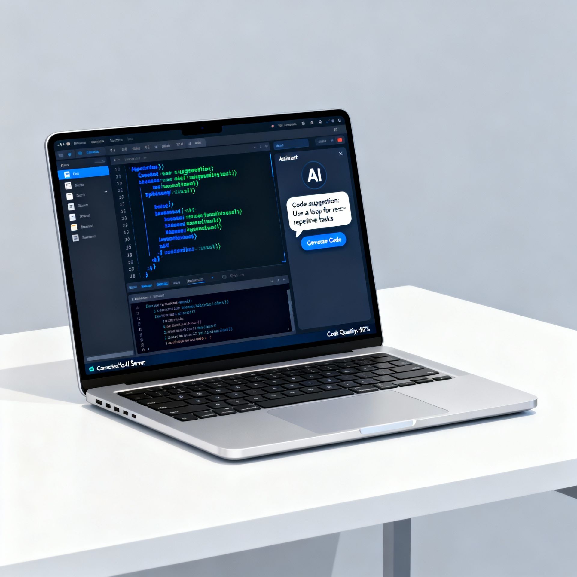 AI-powered code editor interface on modern laptop