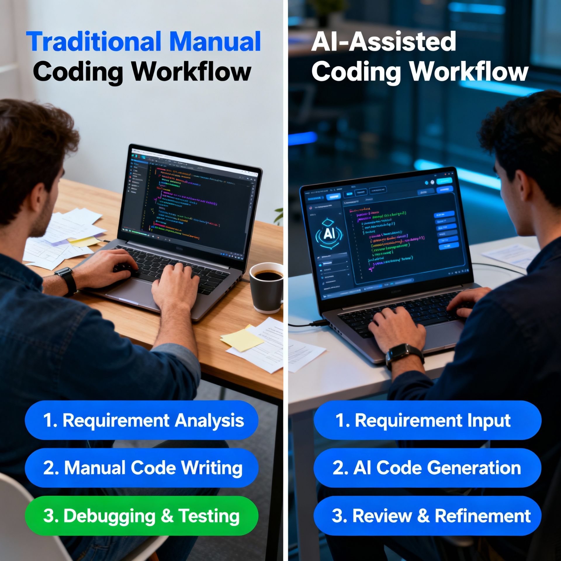 Traditional coding vs AI-assisted coding comparison