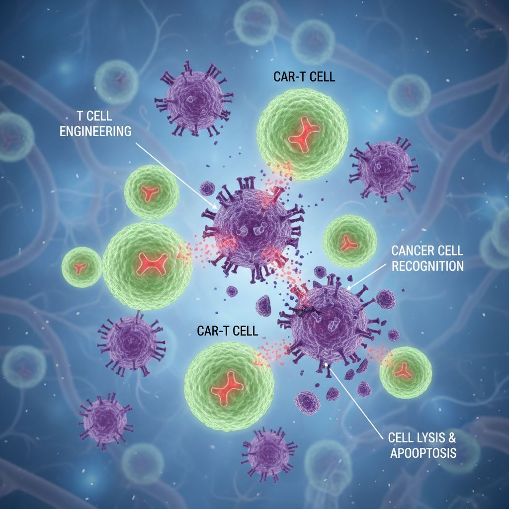 CAR-T cell therapy visualization showing modified immune cells targeting cancer