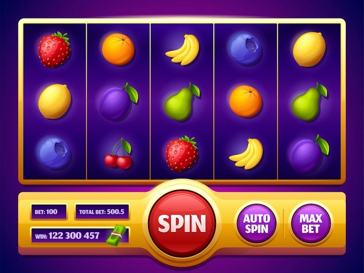 A colorful online slot machine game interface showing fruit symbols and betting controls with a large spin button
