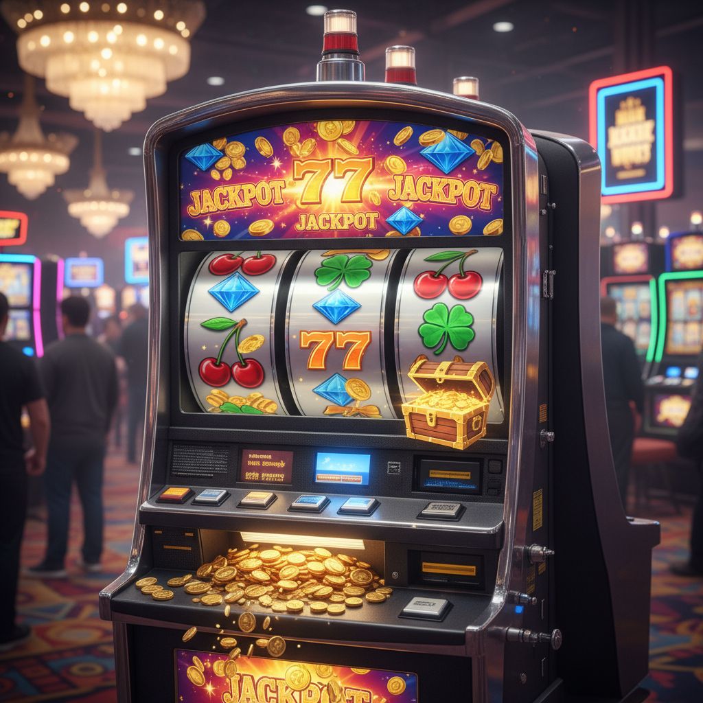 Spinning slot machine reels with jackpot symbols and coins