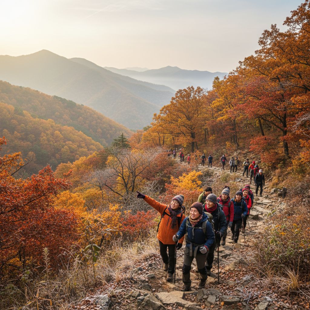 Hikers navigating South Korea's autumn mountain trails in cold weather conditions