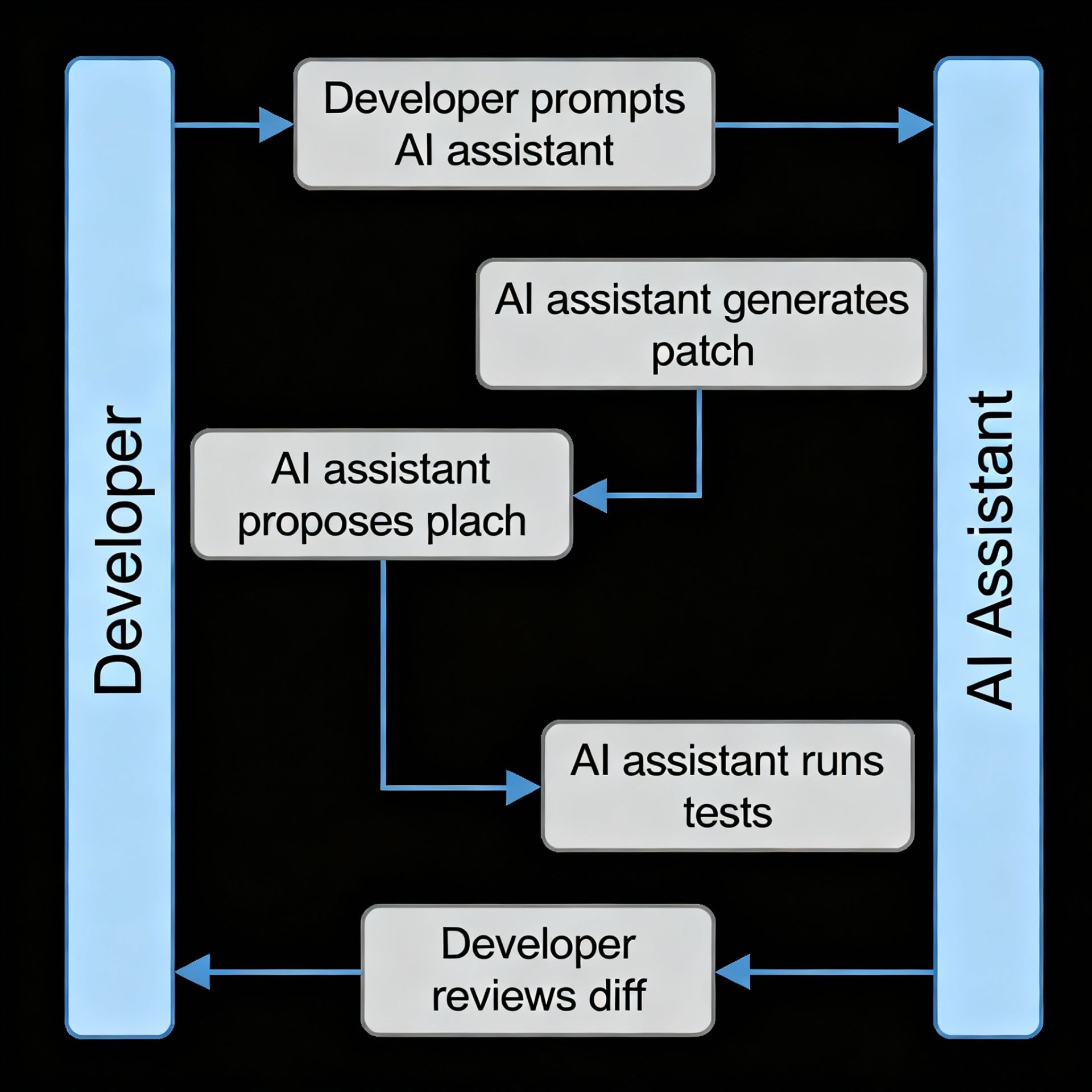 A clean sequence diagram showing a developer prompting an AI assistant, the assistant proposing a plan, generating a patch, running tests, and the developer reviewing a diff.
