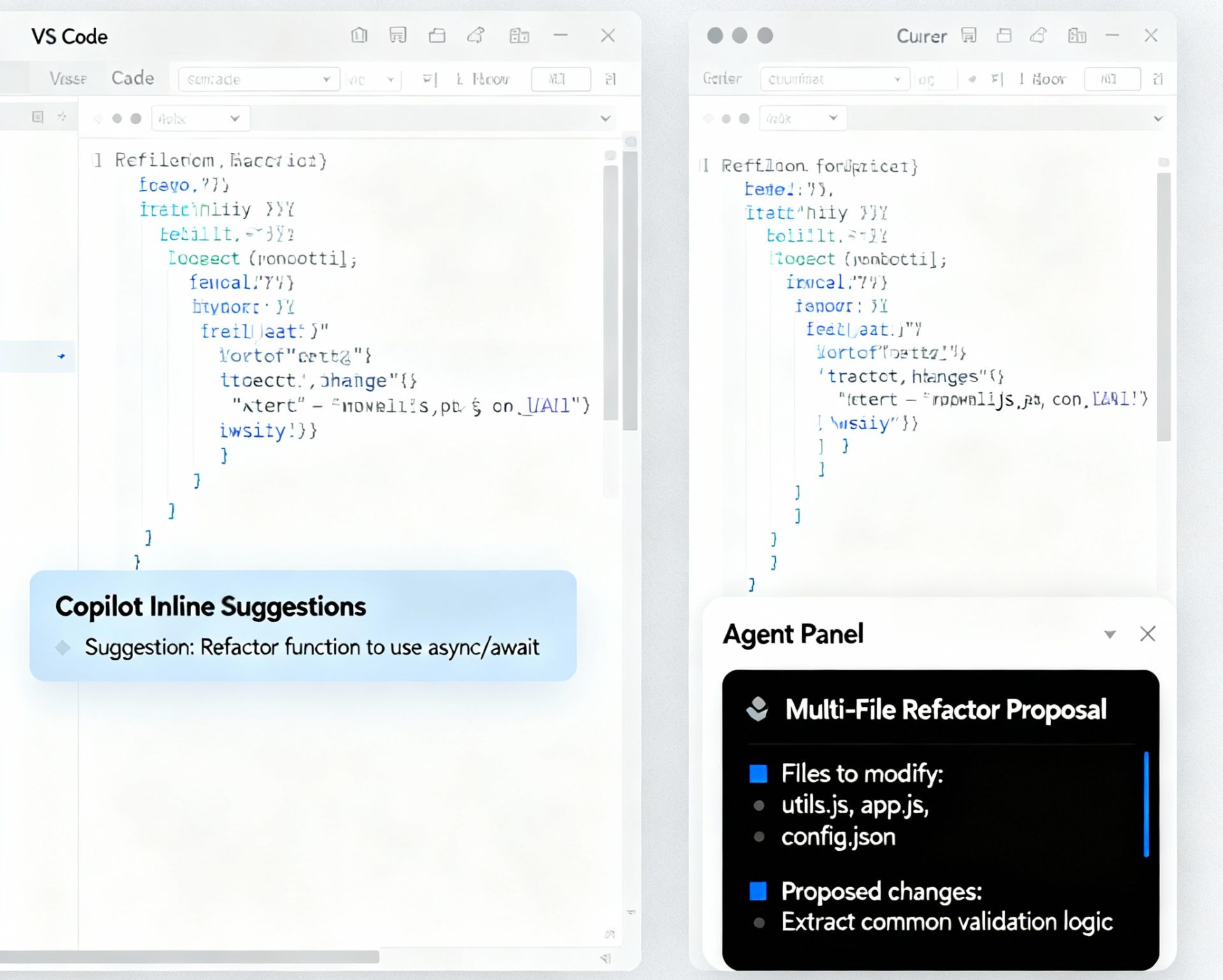 A side-by-side UI mock showing VS Code with Copilot inline suggestions on the left and Cursor’s agent panel proposing a multi-file refactor on the right, clean and modern.