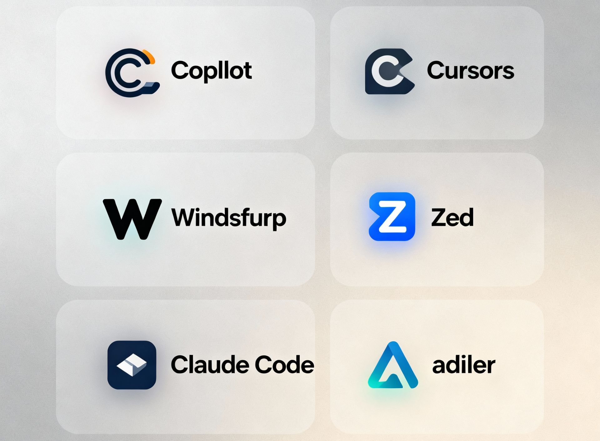 A tidy infographic-style grid of AI coding tool logos—Copilot, Cursor, Windsurf, Zed, Claude Code, aider—on a neutral gradient background with subtle glow.