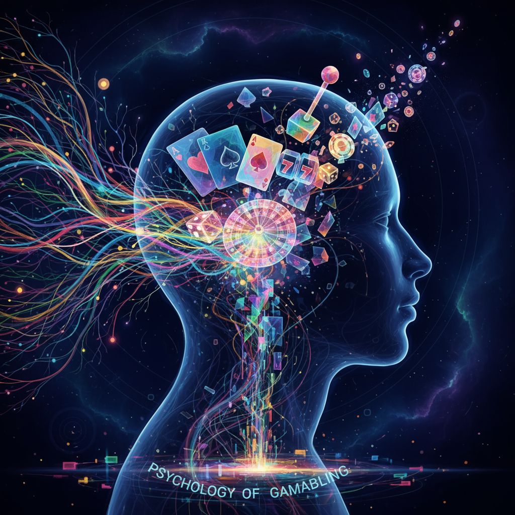 Abstract conceptual art showing a silhouette of a person's profile with colorful neural pathways lighting up, surrounded by floating casino symbols and lights, representing the psychology of gambling, artistic illustration style