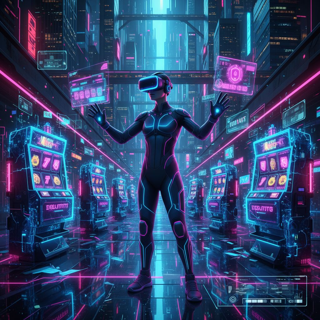 Player wearing VR headset in a virtual casino environment with holographic slot machines floating around them, futuristic neon ambiance, digital interface elements, cyberpunk aesthetic