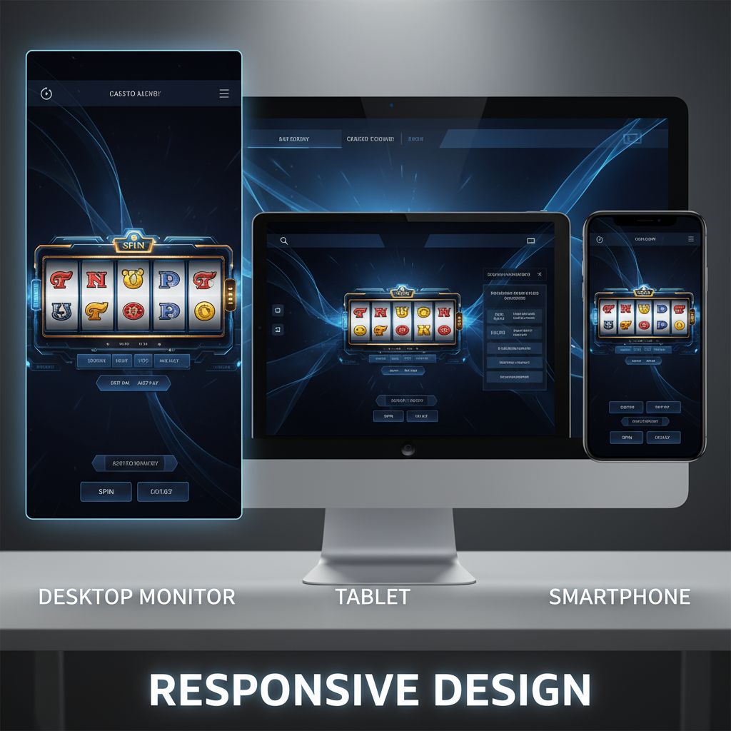 Split-screen composition showing the same slot game interface on a desktop monitor, tablet, and smartphone, demonstrating responsive design across devices, modern UI, sleek interfaces