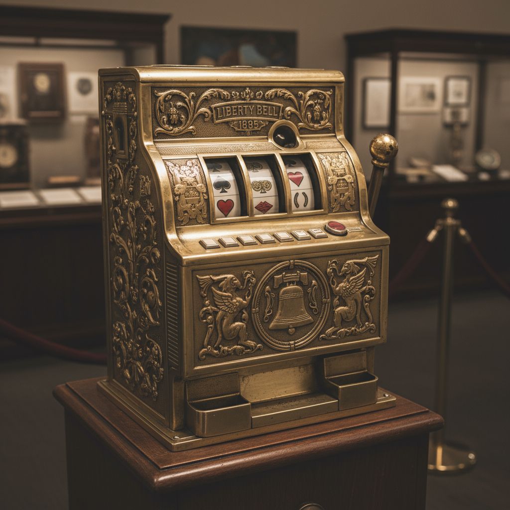 Vintage Liberty Bell slot machine from 1895 with brass finish, three mechanical reels visible through glass, ornate Victorian-era design, museum lighting, historical artifact photography