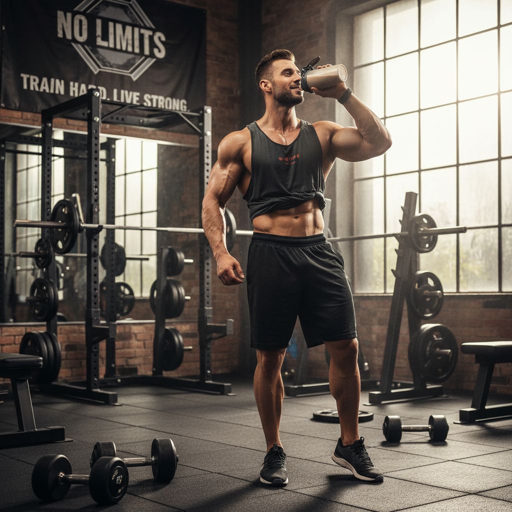 Athlete consuming whey protein shake after workout for muscle recovery