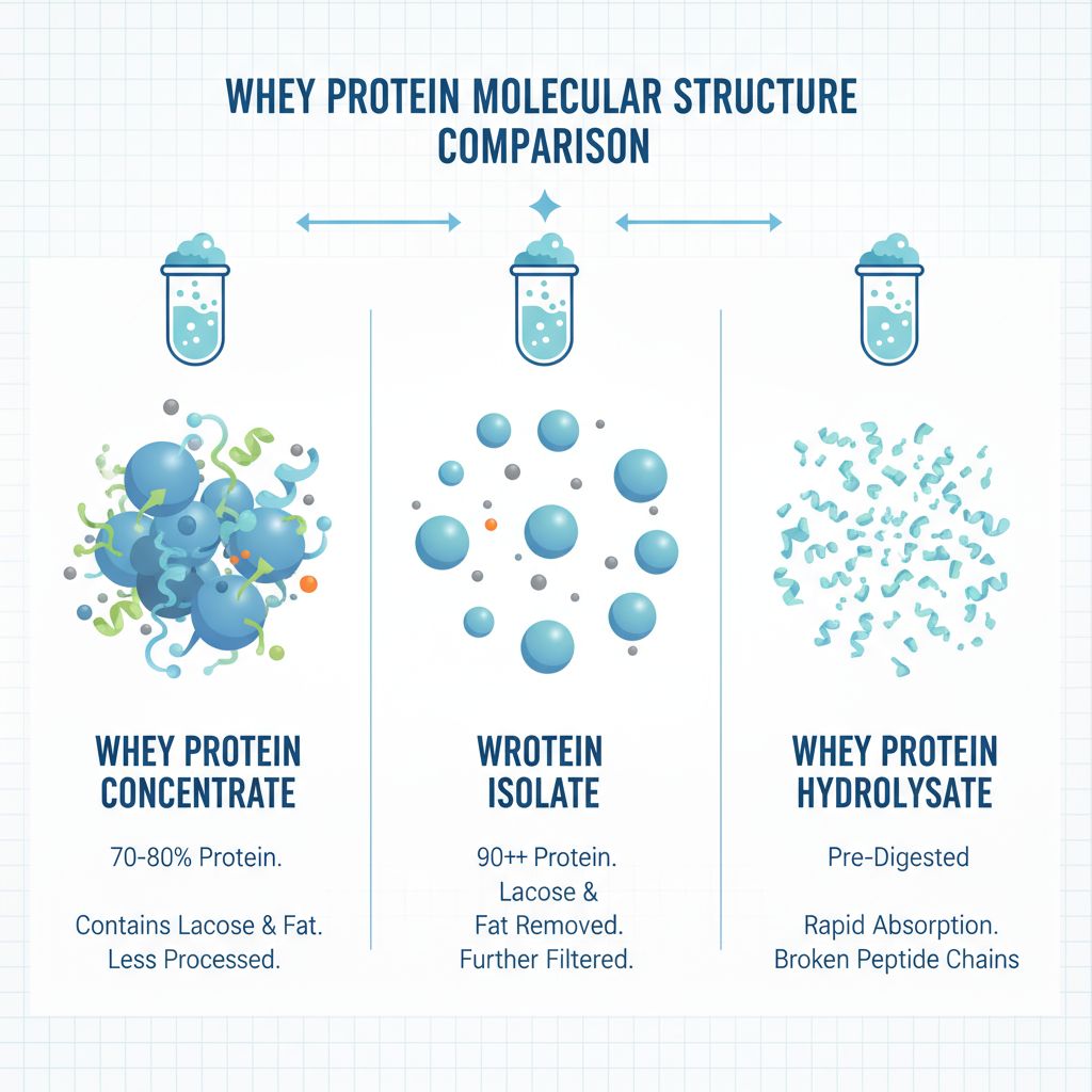 Visual comparison of whey protein concentrate, isolate, and hydrolysate
