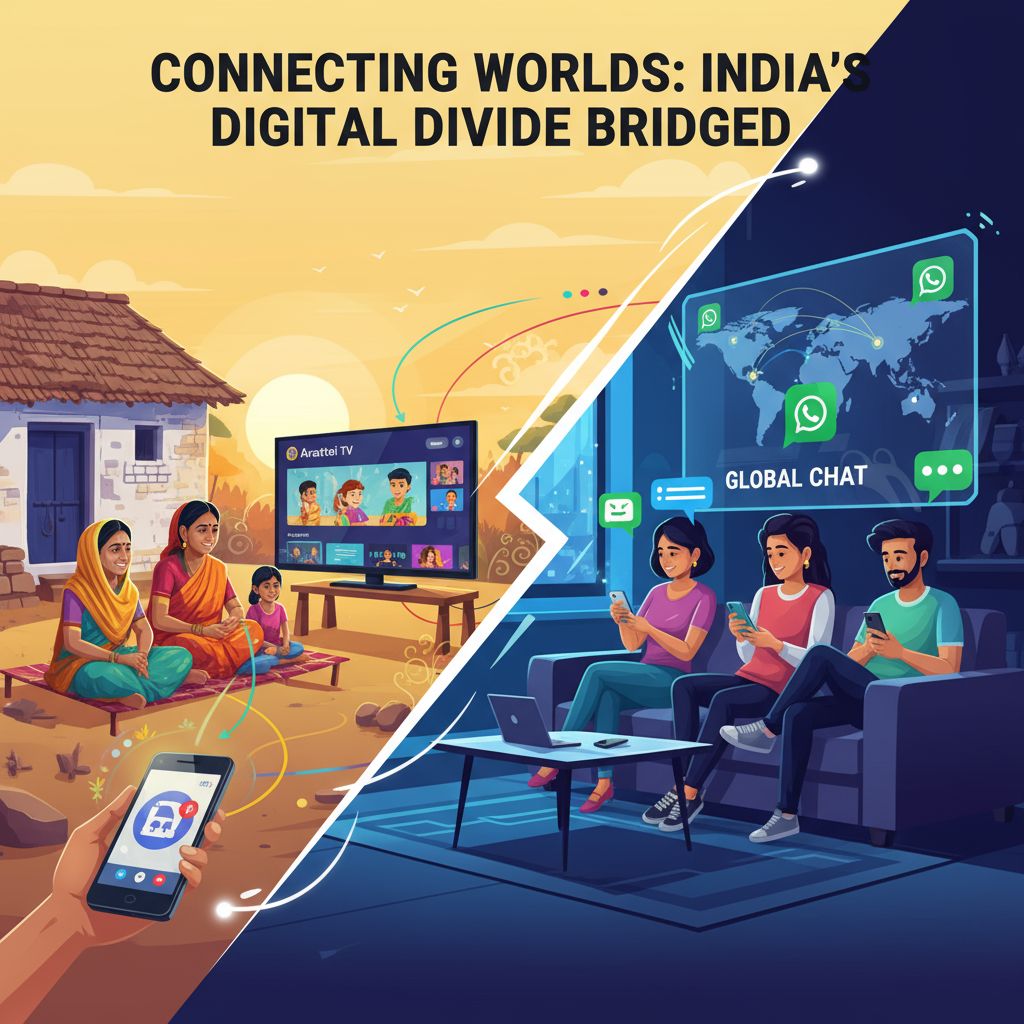 A vibrant visual showing a connected family in a rural Indian setting using Arattai on budget phones and Android TV, contrasted with urban friends chatting globally on WhatsApp