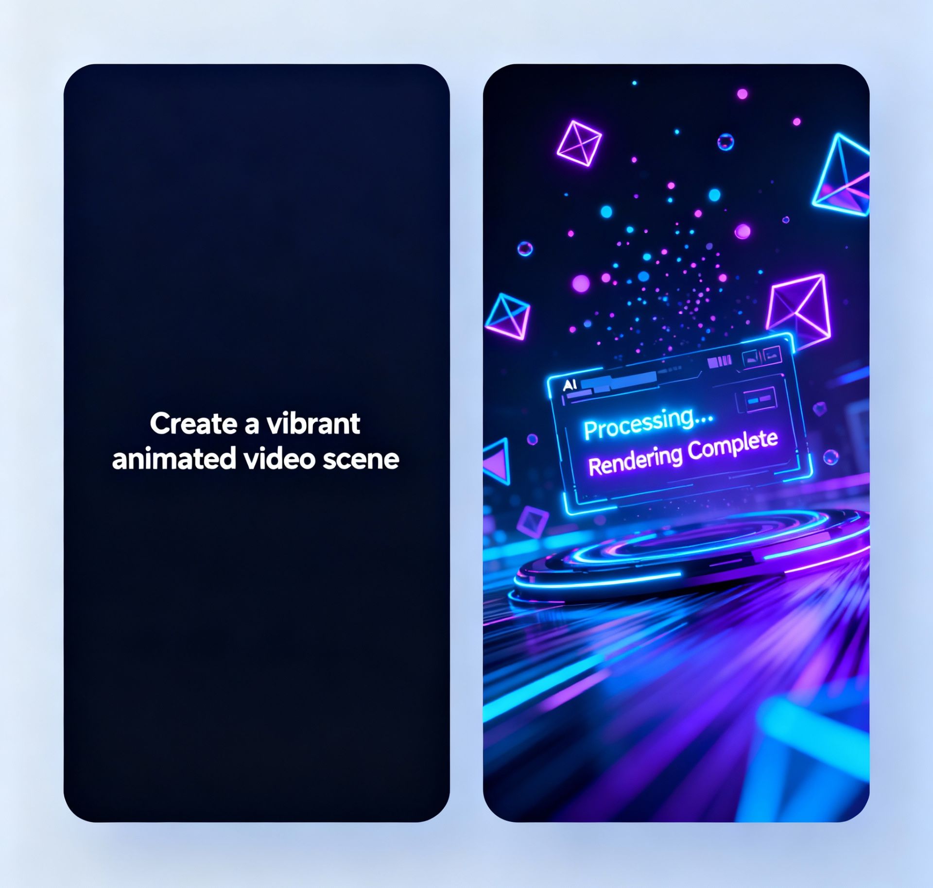 A modern, dynamic side-by-side before-and-after showing a plain text prompt turning into a vibrant, animated video scene with AI interface overlays.