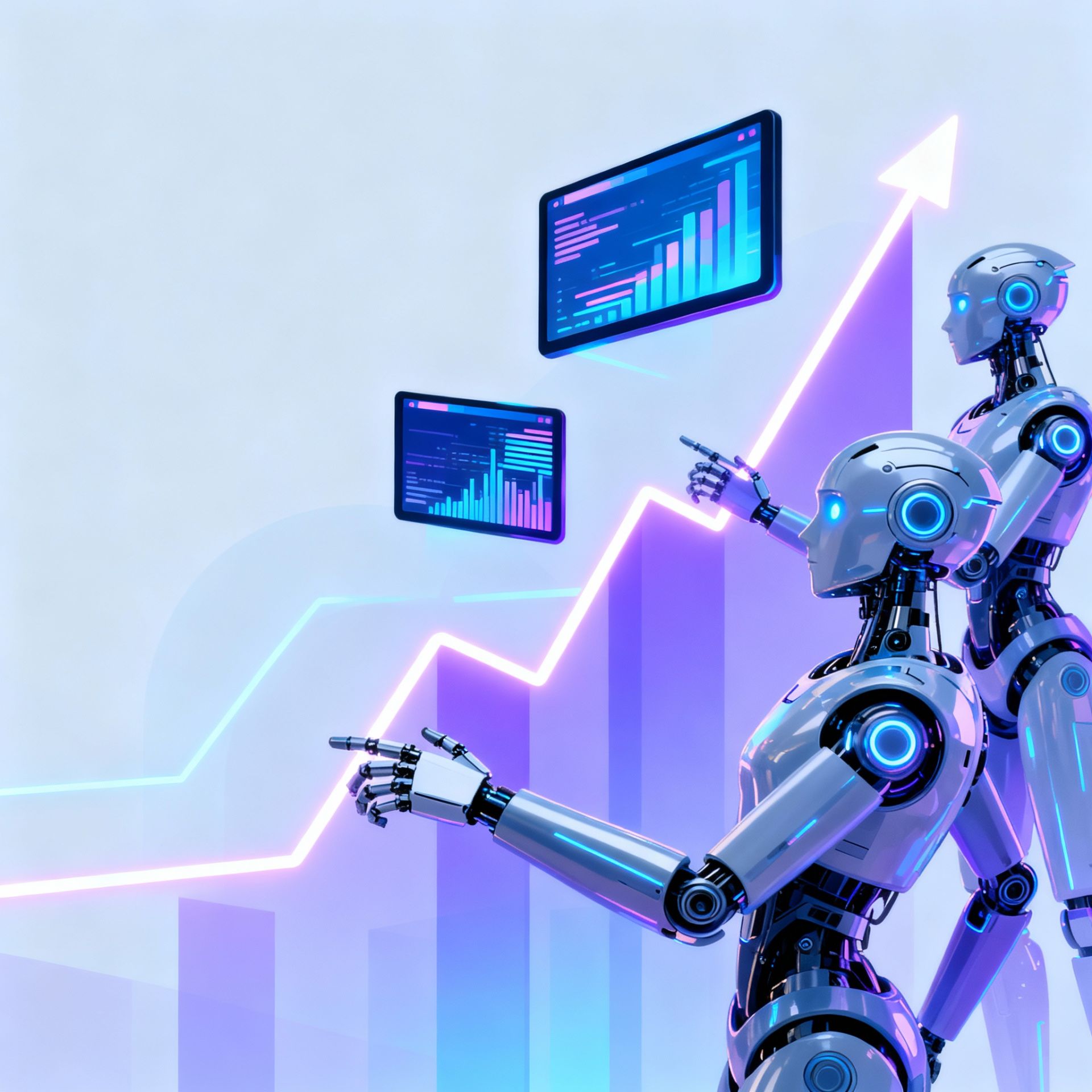 An abstract “future of AI video” illustration with evolving robots, floating video screens, and upward-pointing trend lines.
