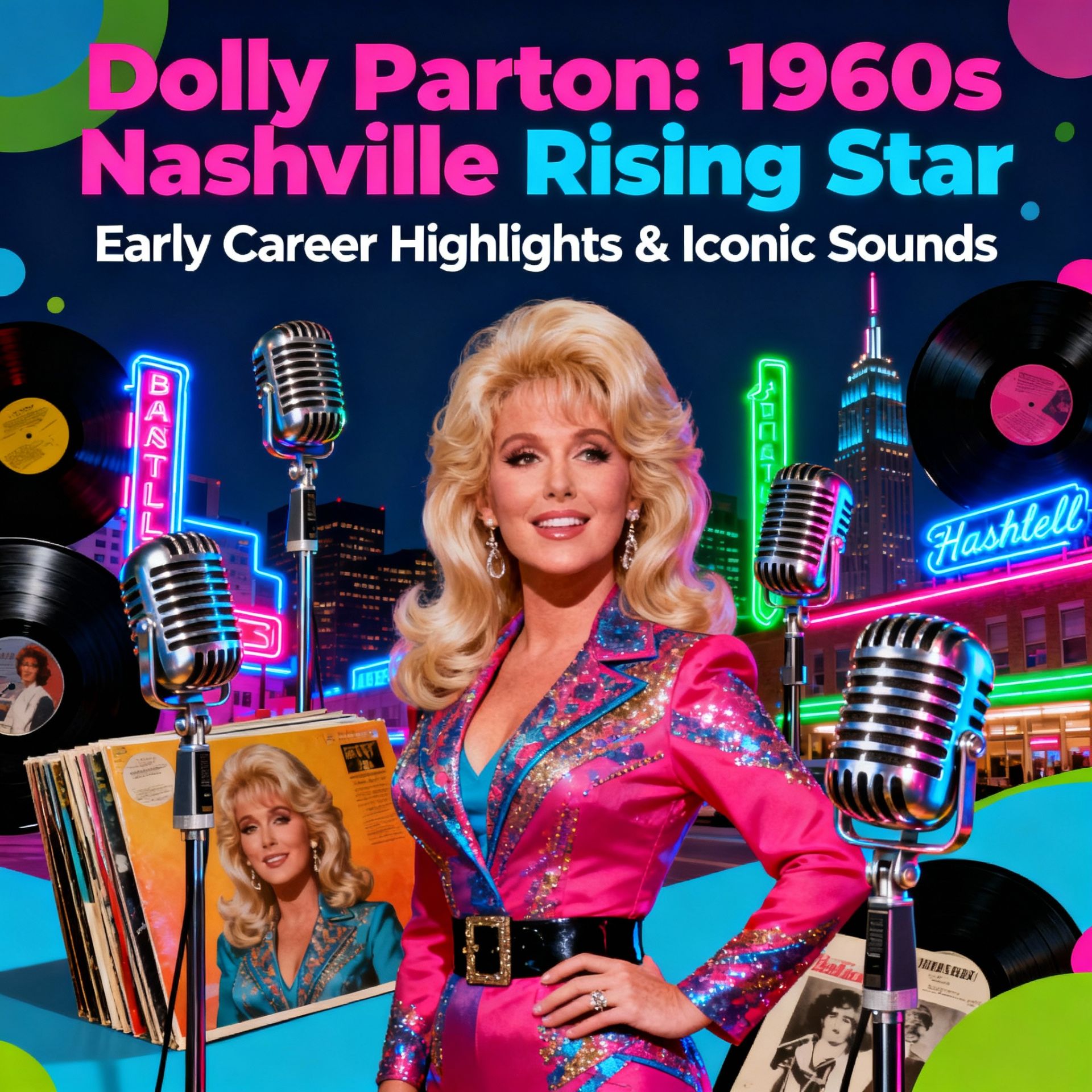 A stylized collage of early-career Dolly Parton: vintage microphones, vinyl record sleeves, and a 1960s Nashville skyline with neon signs