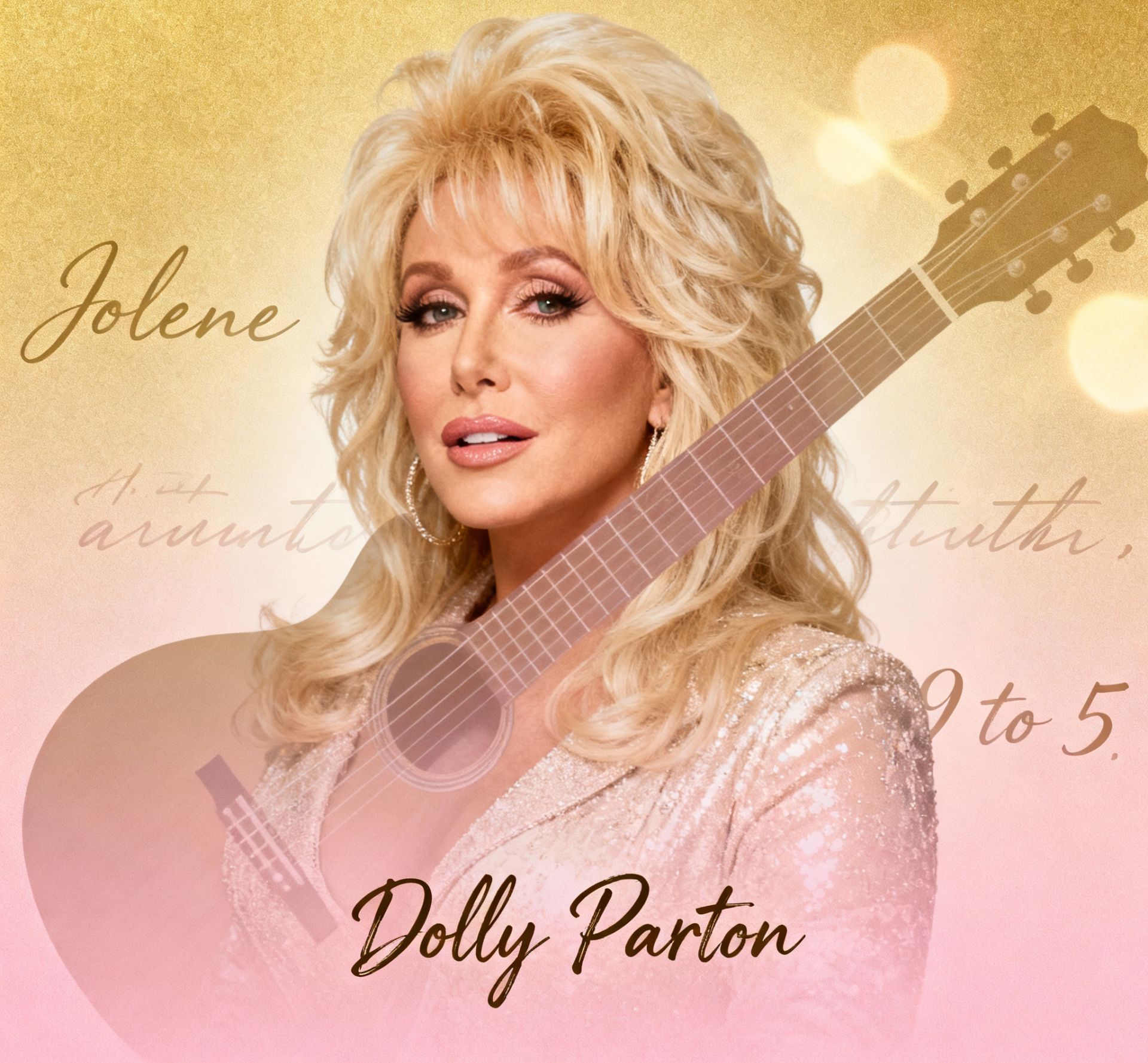 An editorial portrait concept of Dolly Parton with a guitar silhouette overlay, handwritten lyric fragments in the background, and a soft gold-pink gradient