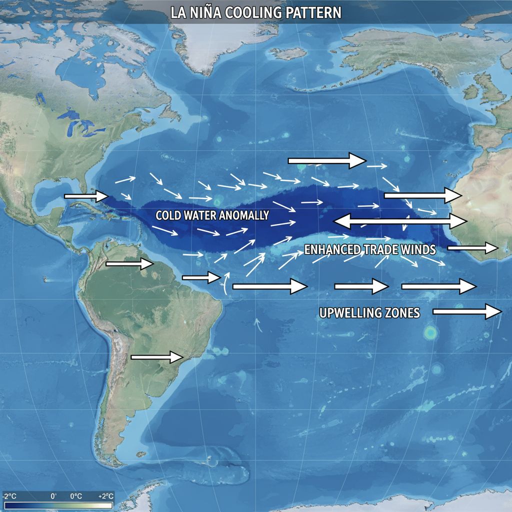 La Niña cold phase showing cooler Pacific waters and strengthened trade winds
