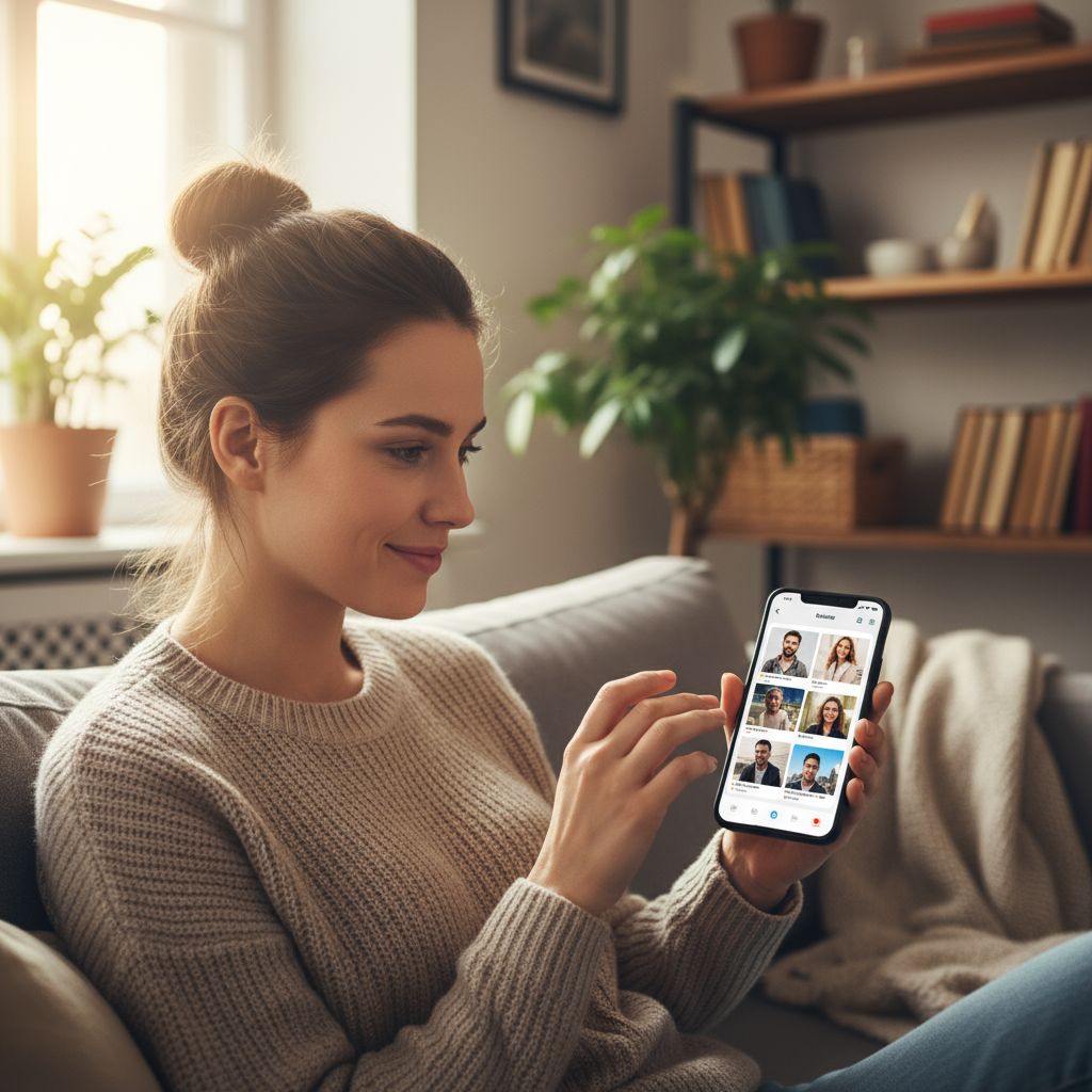 Woman browsing dating app profiles on smartphone