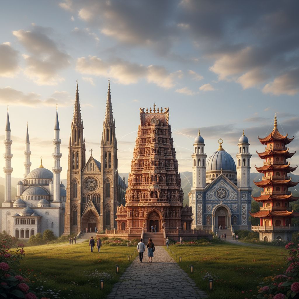 Different places of worship showing architectural diversity yet common purpose of spiritual gathering