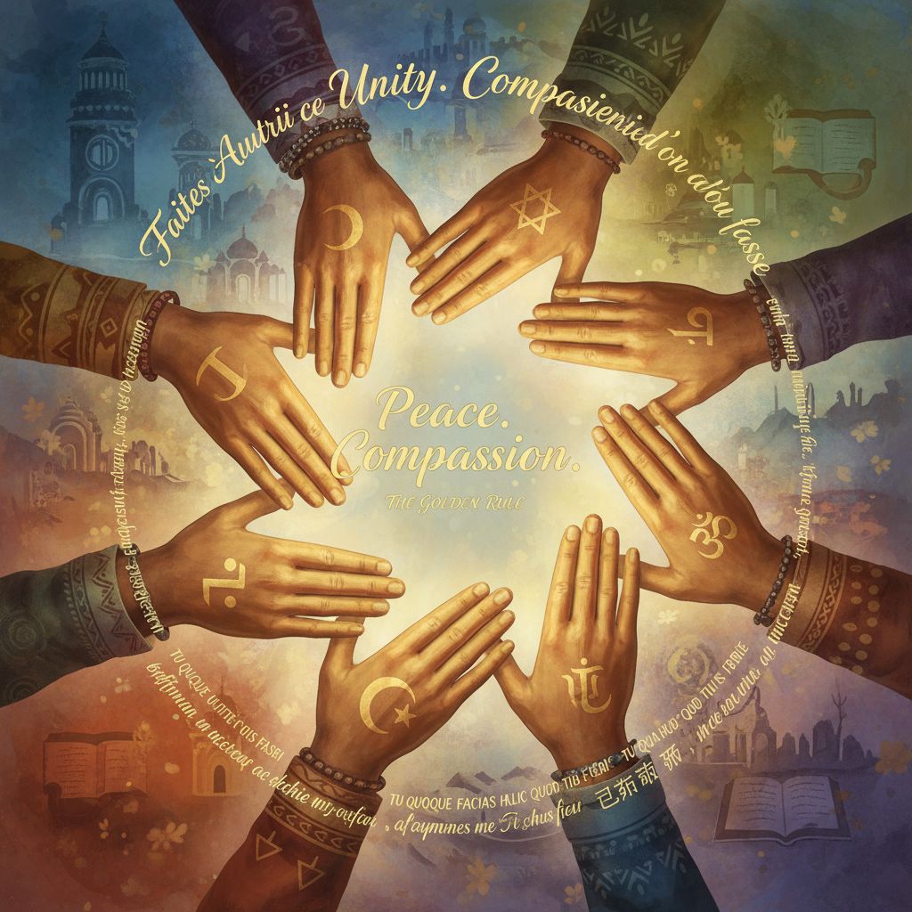 Visual representation of the Golden Rule showing hands from diverse cultures coming together